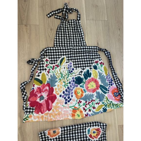 NWOT Anthropologie Apron Floral Black Check & Tea Towel - Picture 3 of 11